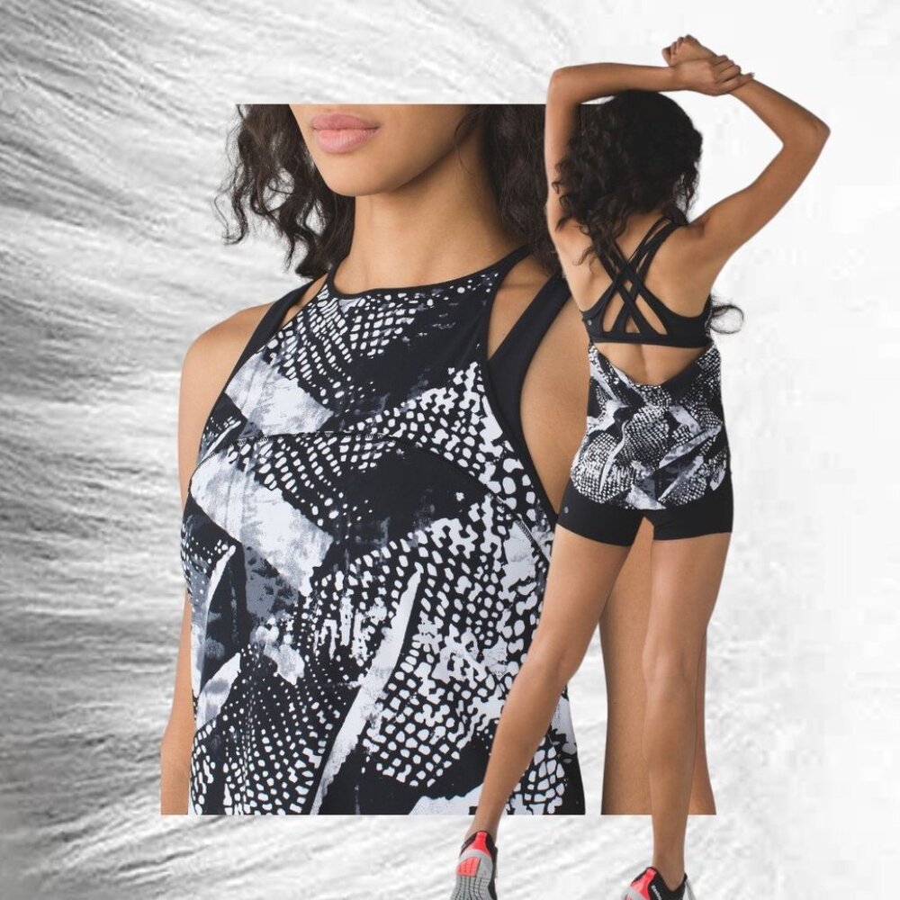RARE- SEE VIDEO Lululemon Singlet Tank Black White Static Mist -Strappy Back